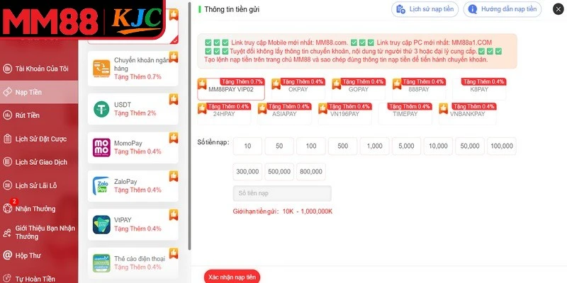 Các bước cụ thể giúp bạn nạp tiền MM88 nhanh chóng và an toàn.